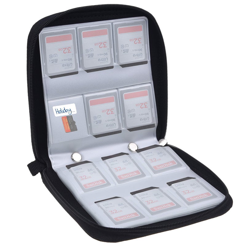 CamKix Memory Card Case - Fits up to 88x SD, SDHC, Micro SD, Mini SD and 4X CF - Holder with 88 Slots (8 Pages) - for Storage and Travel - Microfiber Cleaning Cloth, Carabiner and Labels Included - Image 2